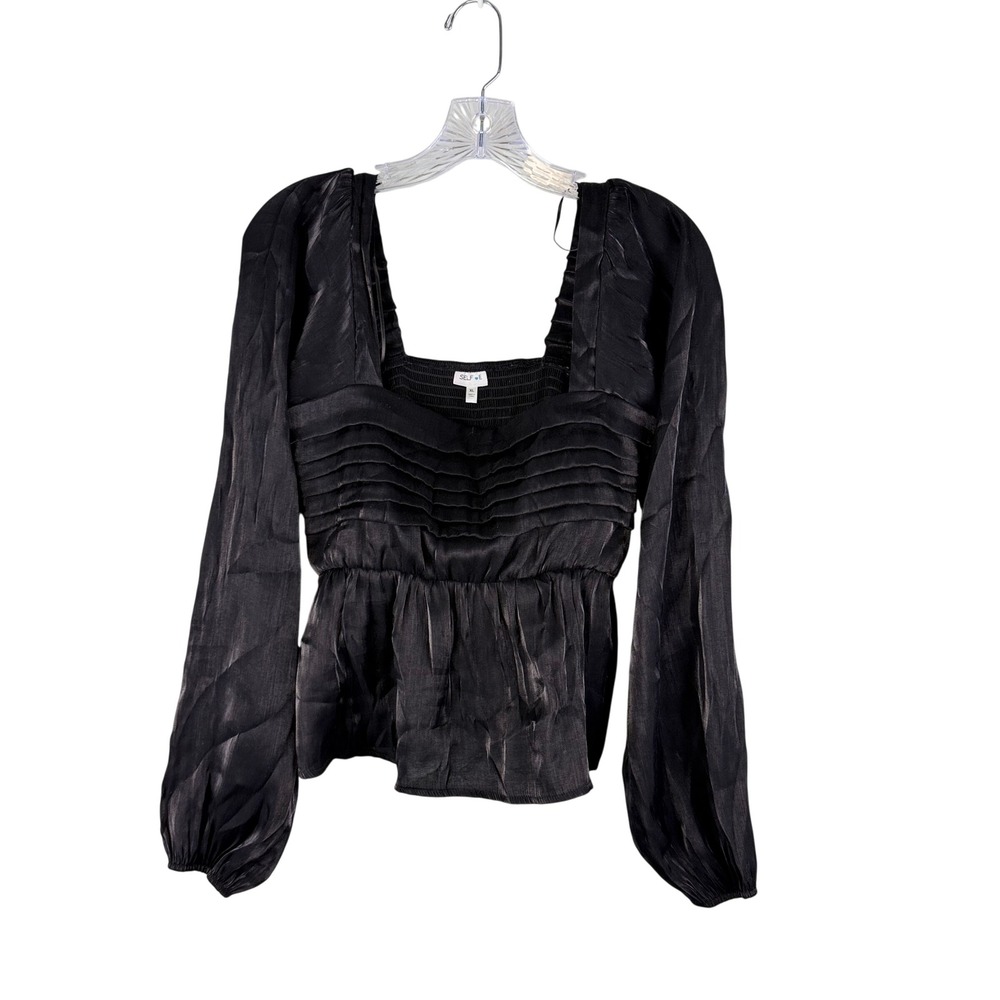 Selfie Black Peplum Top Juniors XL Square Neck Long Puff Sleeve‎ Pleated Smocked